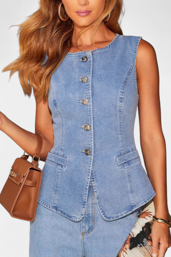 Marinella Denim Set: Fitted Sleeveless Jacket & Wide-Leg Jeans
