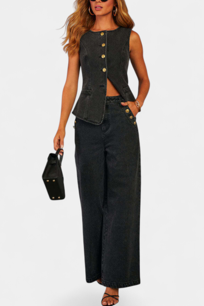 Marinella Denim Set: Fitted Sleeveless Jacket & Wide-Leg Jeans