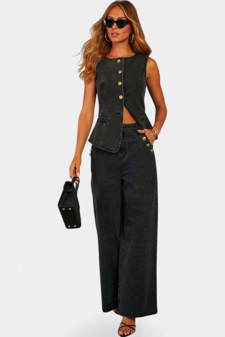 Marinella Denim Set: Fitted Sleeveless Jacket & Wide-Leg Jeans