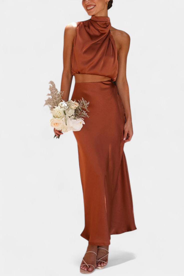 Miranda Two-Piece Draped Halter Neck Set with Open Back Design