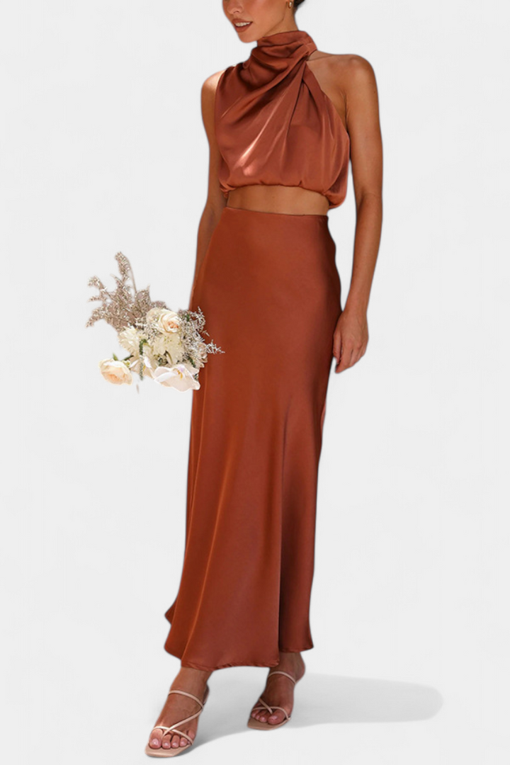 Miranda Two-Piece Draped Halter Neck Set with Open Back Design