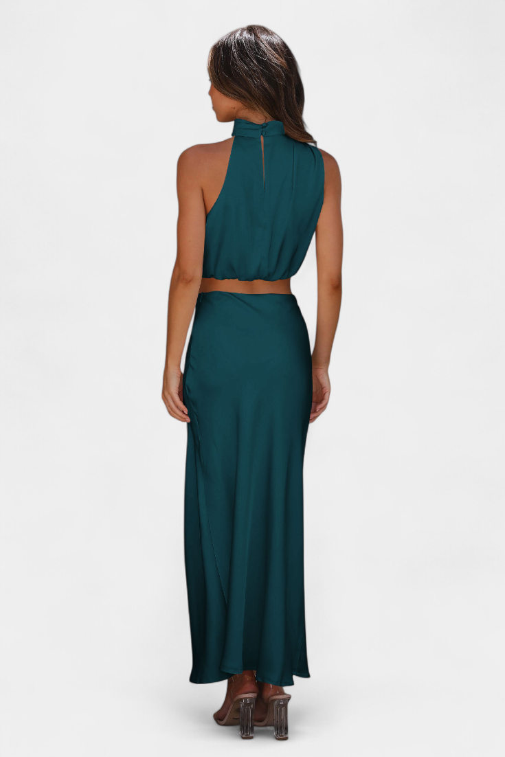 Miranda Two-Piece Draped Halter Neck Set with Open Back Design