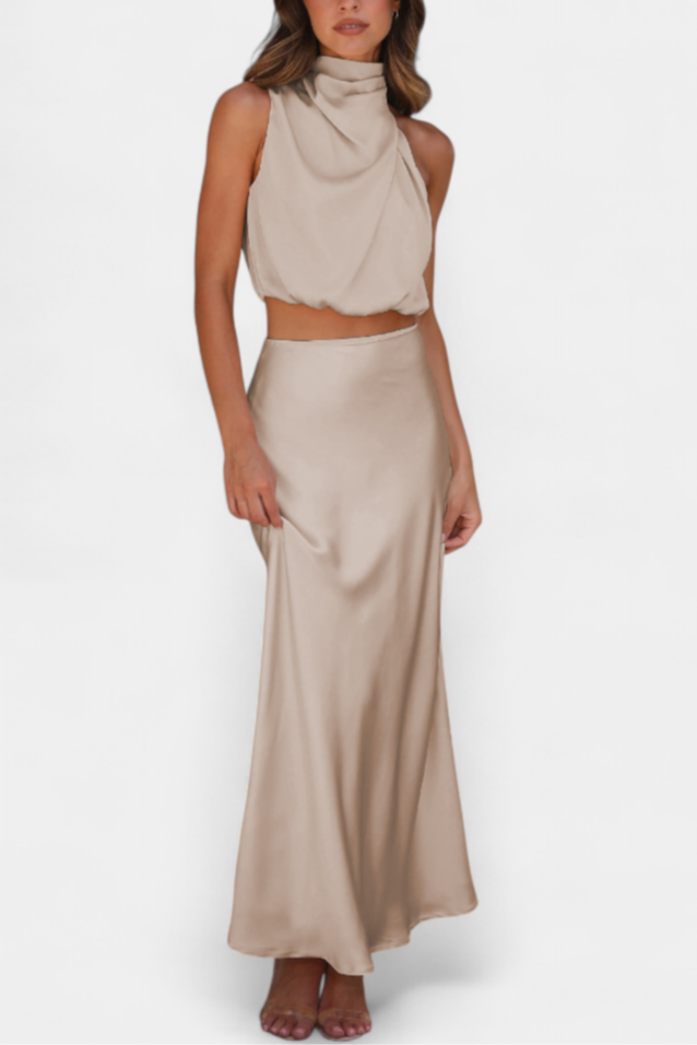 Miranda Two-Piece Draped Halter Neck Set with Open Back Design