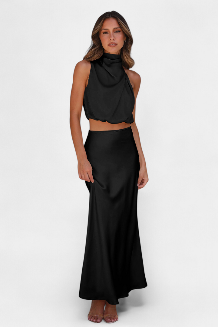 Miranda Two-Piece Draped Halter Neck Set with Open Back Design