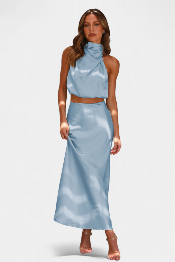 Miranda Two-Piece Draped Halter Neck Set with Open Back Design