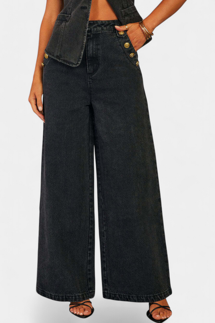 Marinella Denim Set: Fitted Sleeveless Jacket & Wide-Leg Jeans