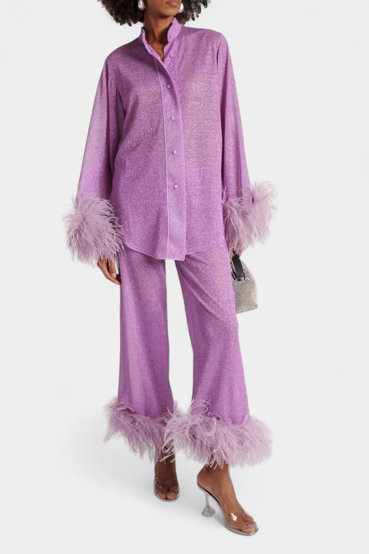 Noemi Long Sleeve Blouse & Casual Pants Set with Feather Necklace