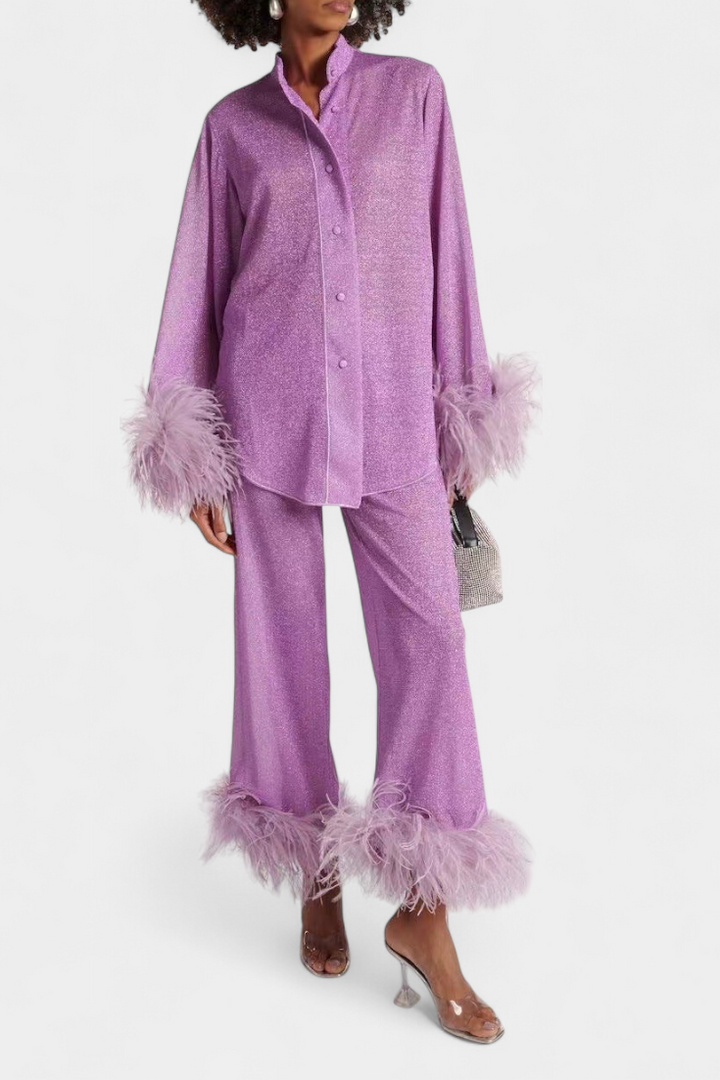 Noemi Long Sleeve Blouse & Casual Pants Set with Feather Necklace