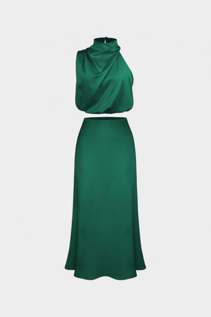 Miranda Two-Piece Draped Halter Neck Set with Open Back Design