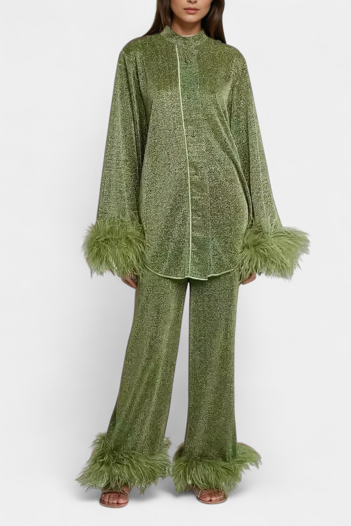 Noemi Long Sleeve Blouse & Casual Pants Set with Feather Necklace
