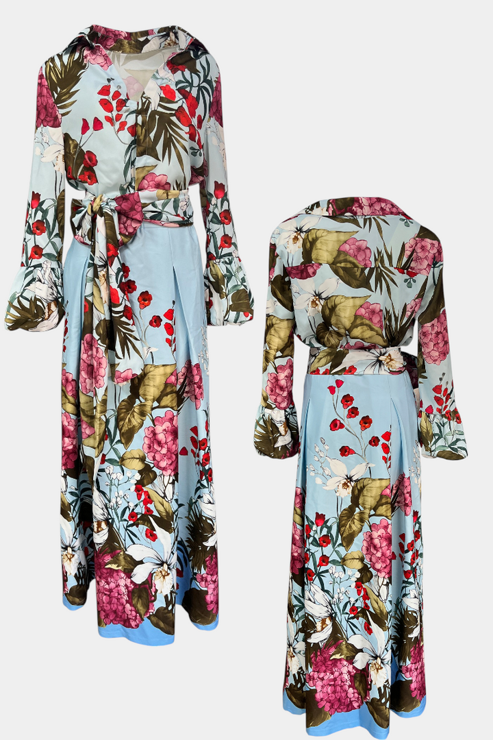Gemma Botanical Print Ensemble: Belted Shirt and Palazzo Pants