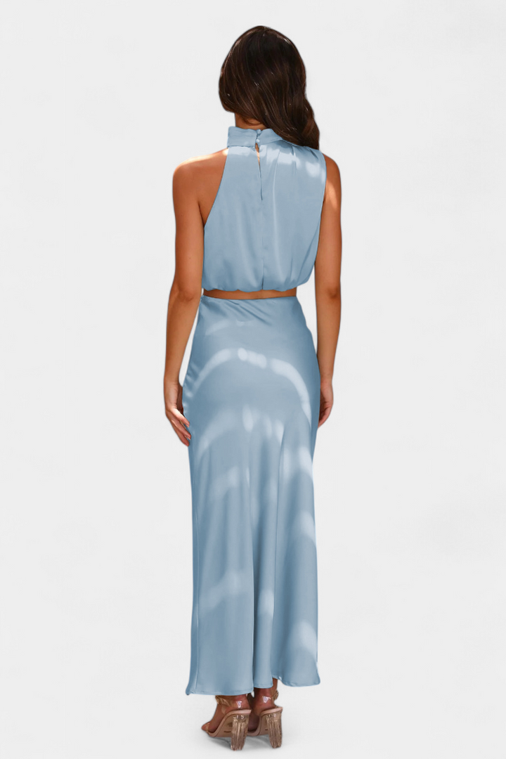 Miranda Two-Piece Draped Halter Neck Set with Open Back Design