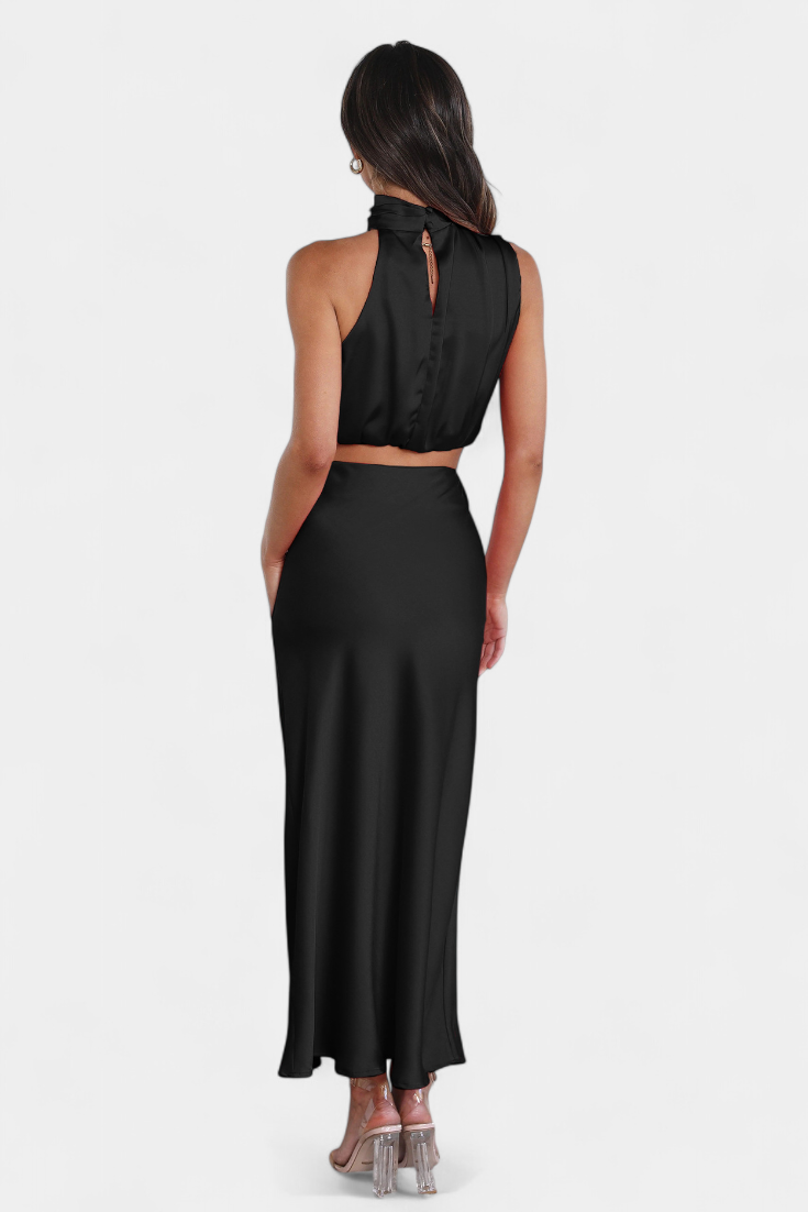 Miranda Two-Piece Draped Halter Neck Set with Open Back Design