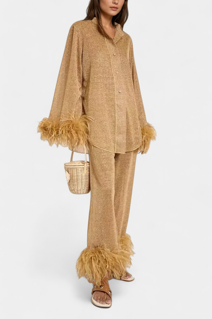 Noemi Long Sleeve Blouse & Casual Pants Set with Feather Necklace