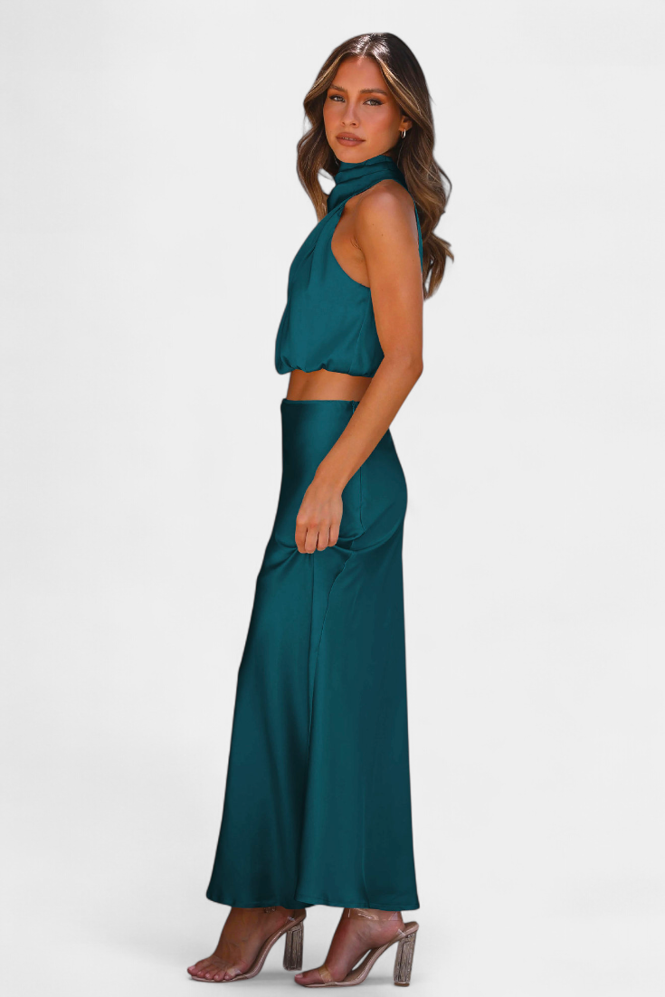 Miranda Two-Piece Draped Halter Neck Set with Open Back Design