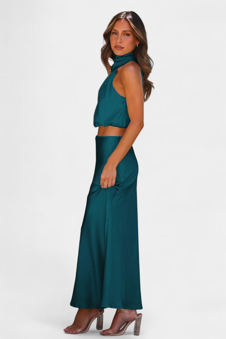 Miranda Two-Piece Draped Halter Neck Set with Open Back Design