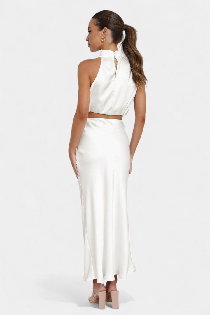 Miranda Two-Piece Draped Halter Neck Set with Open Back Design