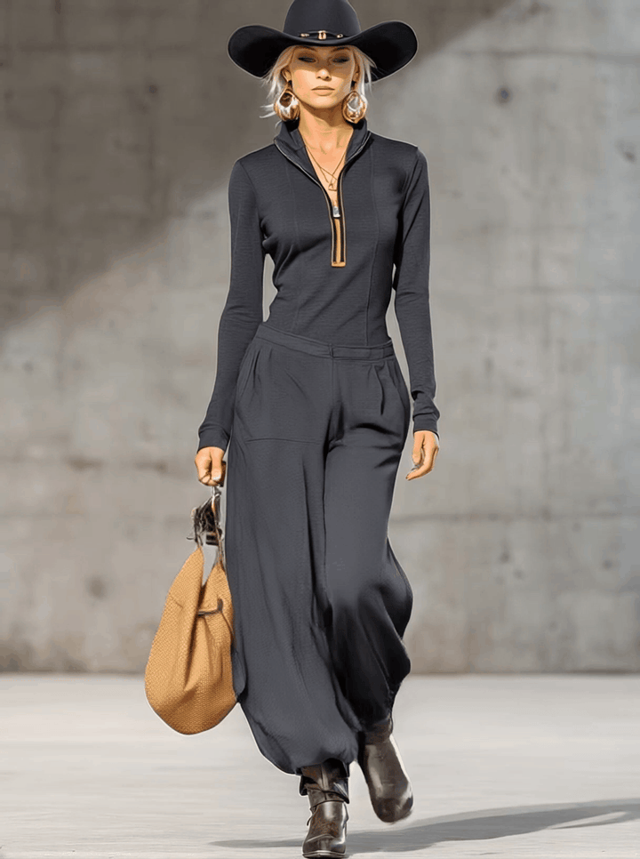 Sonia Dark Gray Set Featuring High Collar and Wide-Leg Trousers