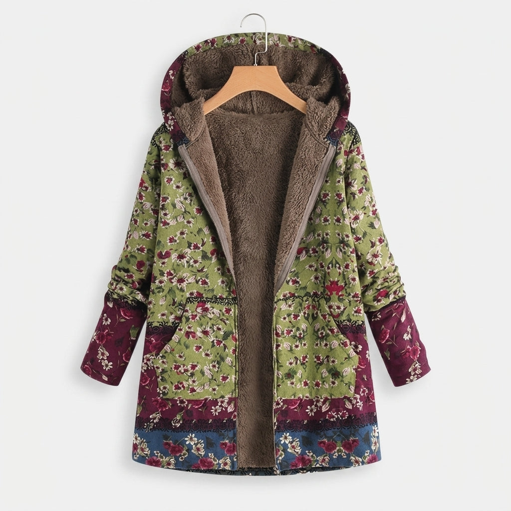Arianna | Green & Burgundy Floral Fleece Jacket