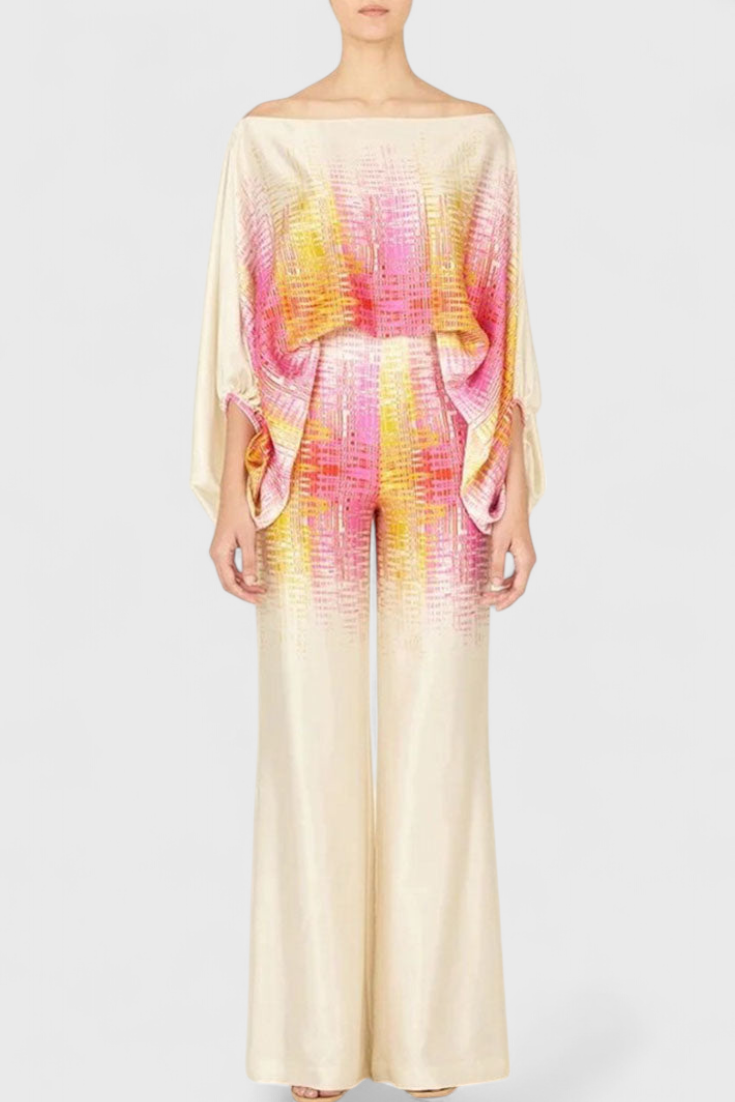 Artistic Print Off-the-Shoulder Top and Wide-Leg Pants Set by Giulia