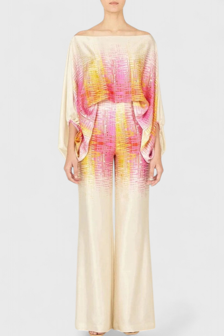 Artistic Print Off-the-Shoulder Top and Wide-Leg Pants Set by Giulia
