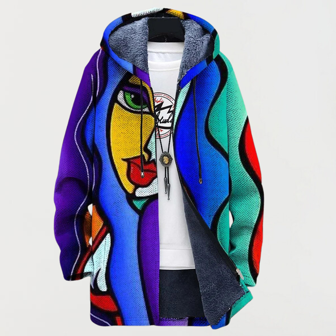 Sabina | Blue and Red Art-Print Hooded Cardigan
