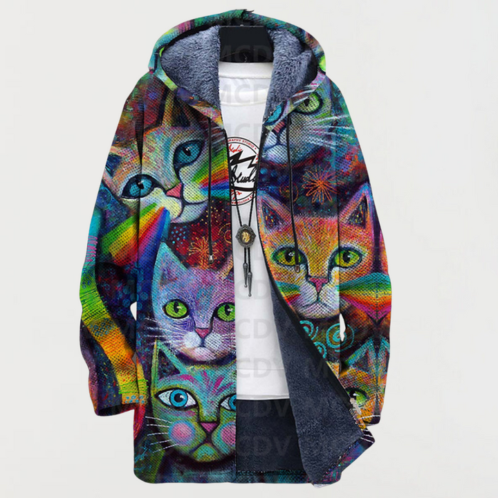 Agata | Colorful Cat-Print Hooded Cardigan