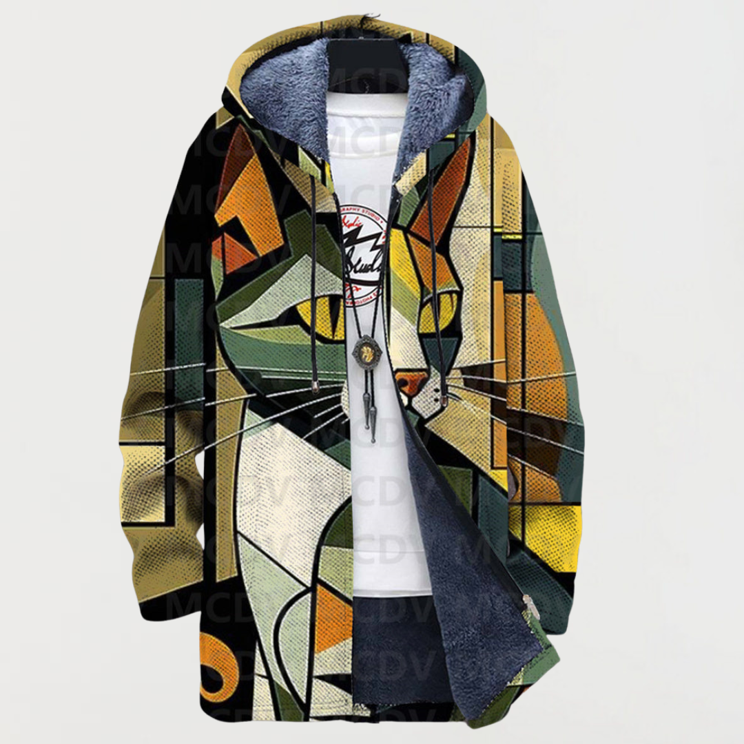 Silvia | Cubist Cat-Print Hooded Cardigan