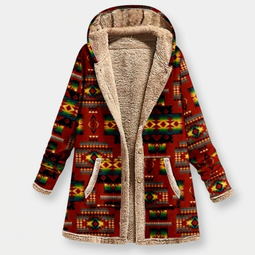 Melania | Red Patterned Hooded Fleece Jacket