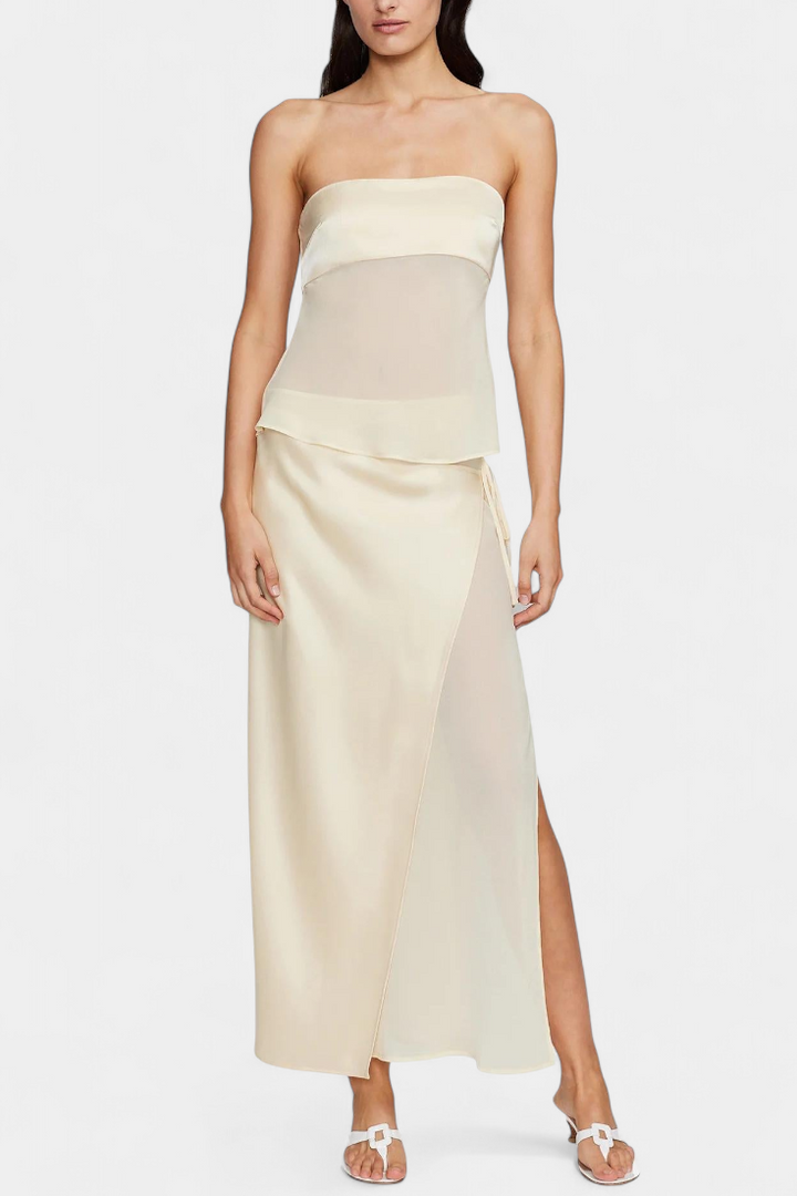 Luna Satin Bustier Set with Structured Design and Asymmetrical Midi Skirt