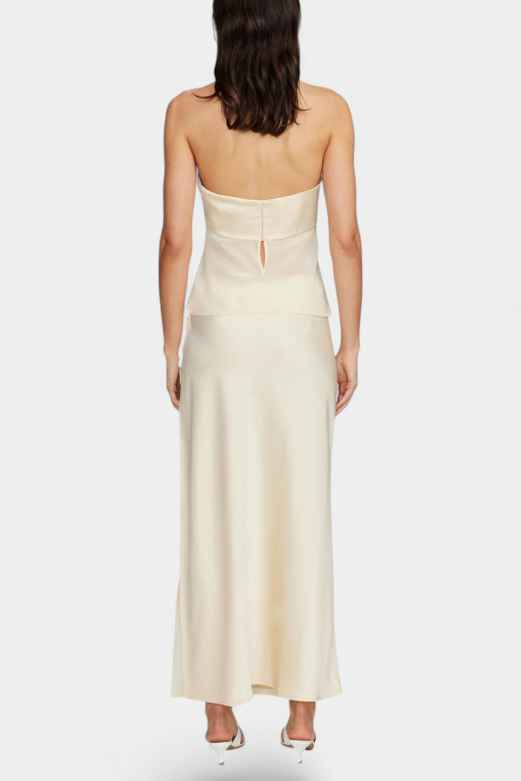 Luna Satin Bustier Set with Structured Design and Asymmetrical Midi Skirt