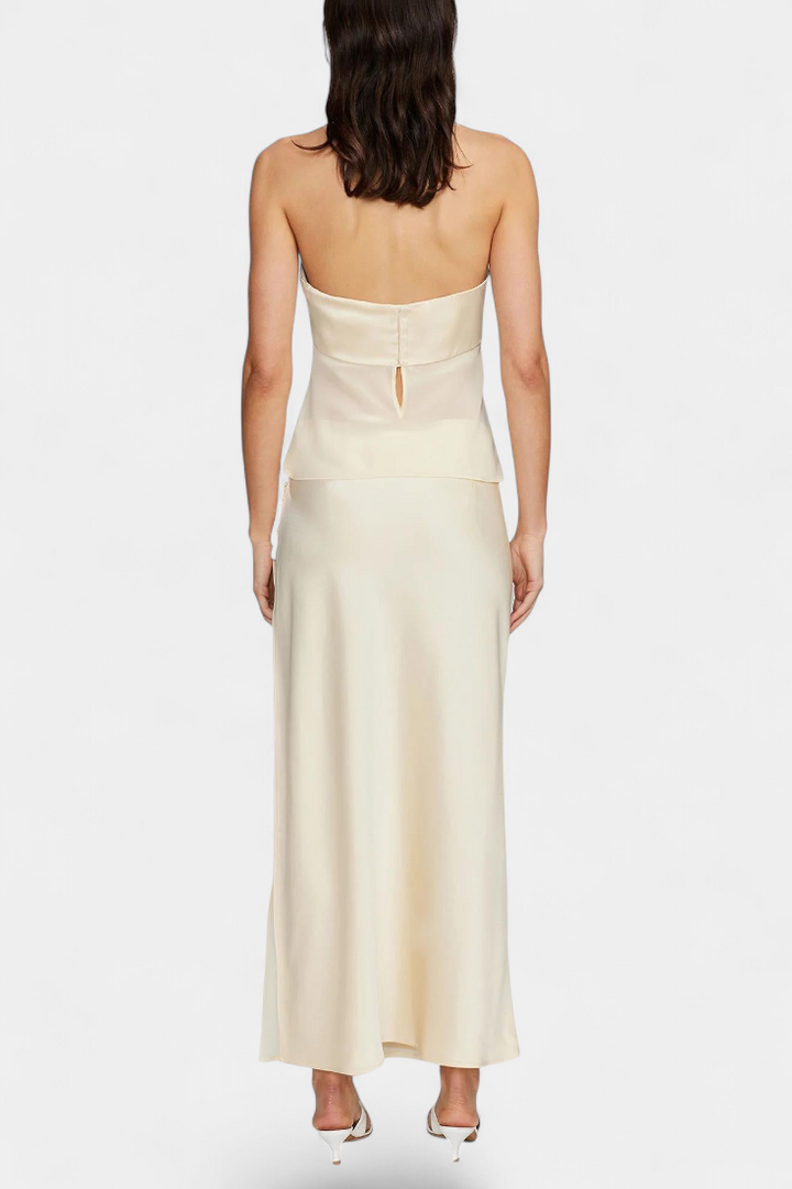Luna Satin Bustier Set with Structured Design and Asymmetrical Midi Skirt