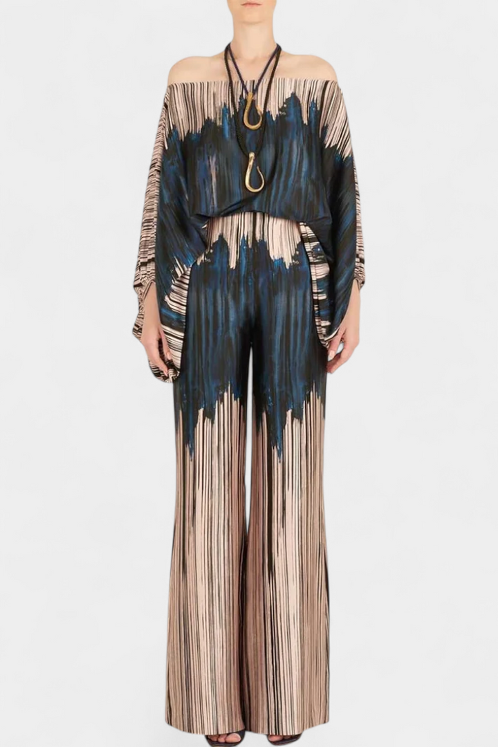 Artistic Print Off-the-Shoulder Top and Wide-Leg Pants Set by Giulia
