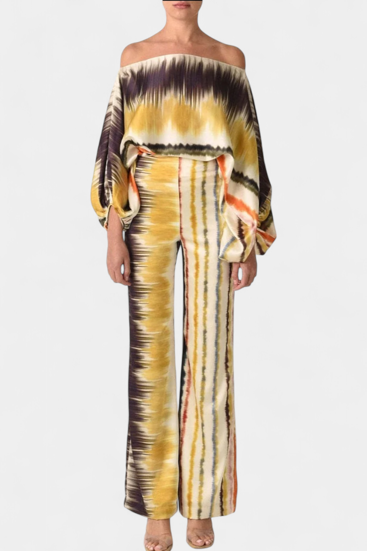 Artistic Print Off-the-Shoulder Top and Wide-Leg Pants Set by Giulia