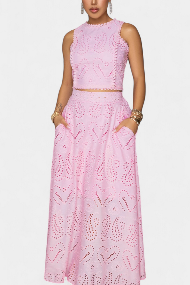 Sabina Floral Lace Two-Piece Set: Crop Top & Maxi Skirt