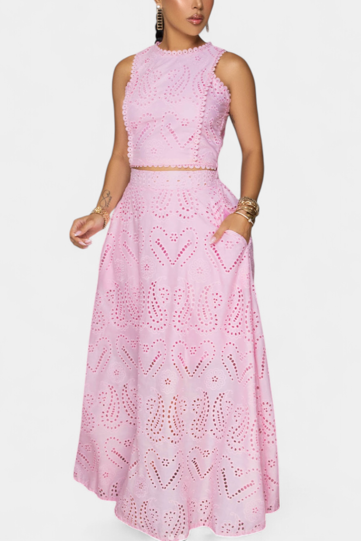 Sabina Floral Lace Two-Piece Set: Crop Top & Maxi Skirt