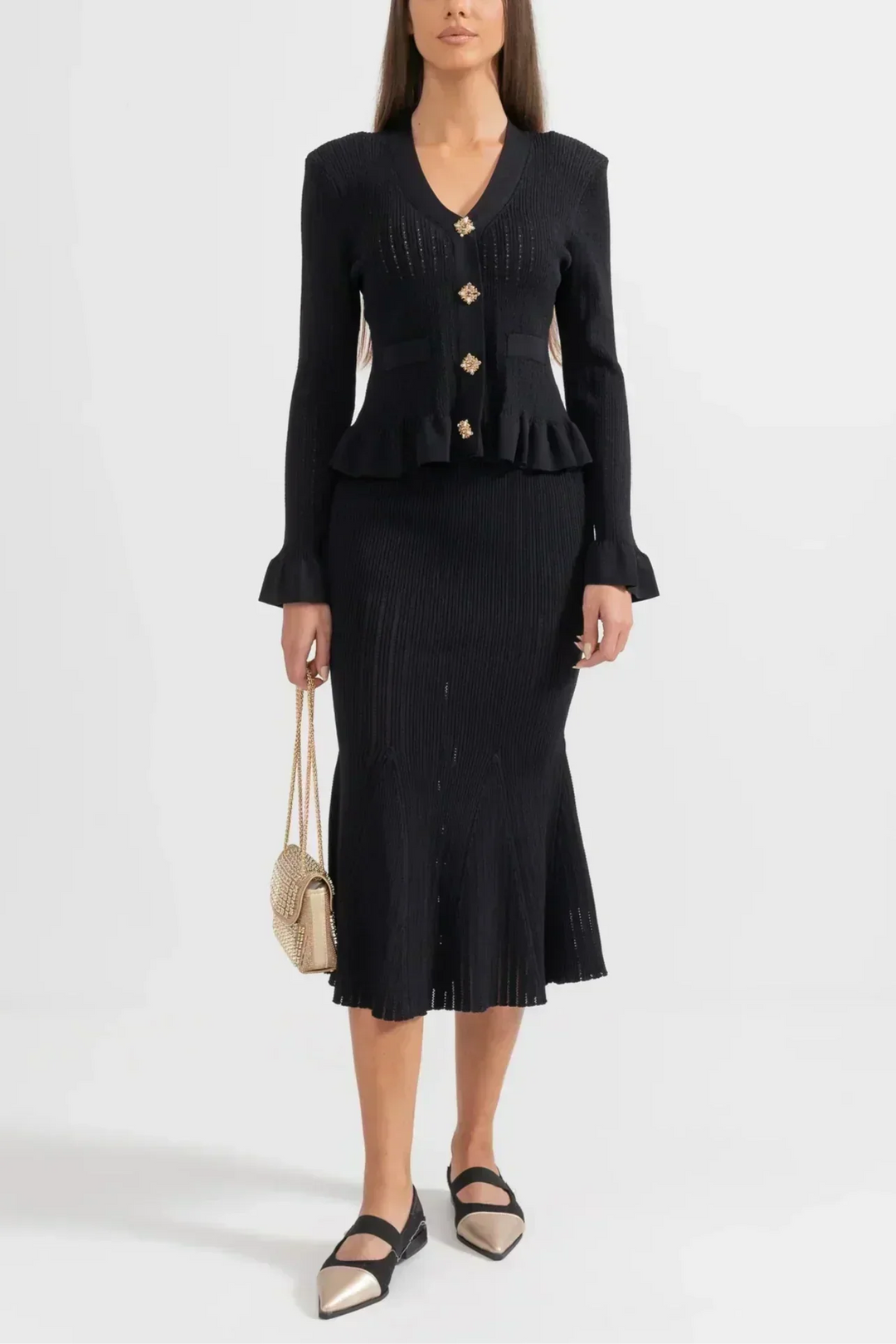 Sofia Knit Ensemble: Ruffled Cardigan and Flared Midi Skirt