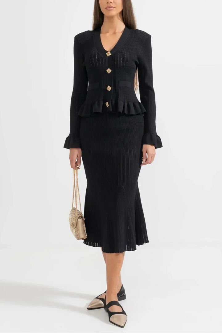 Sofia Knit Ensemble: Ruffled Cardigan and Flared Midi Skirt