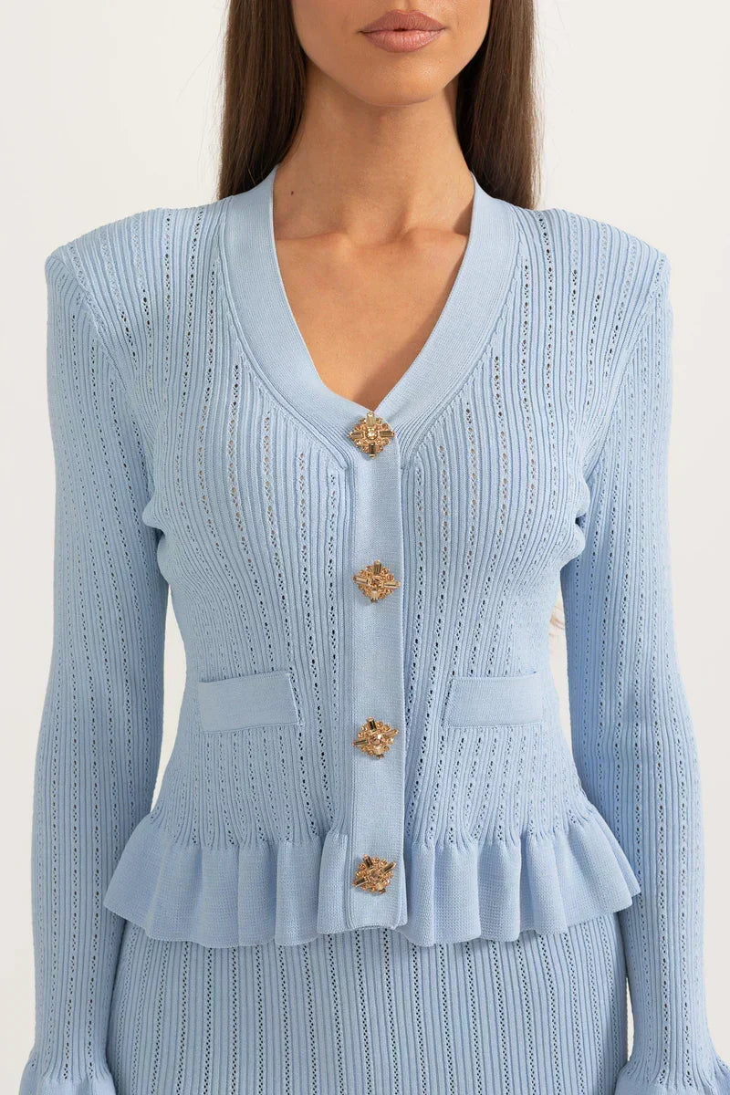 Sofia Knit Ensemble: Ruffled Cardigan and Flared Midi Skirt