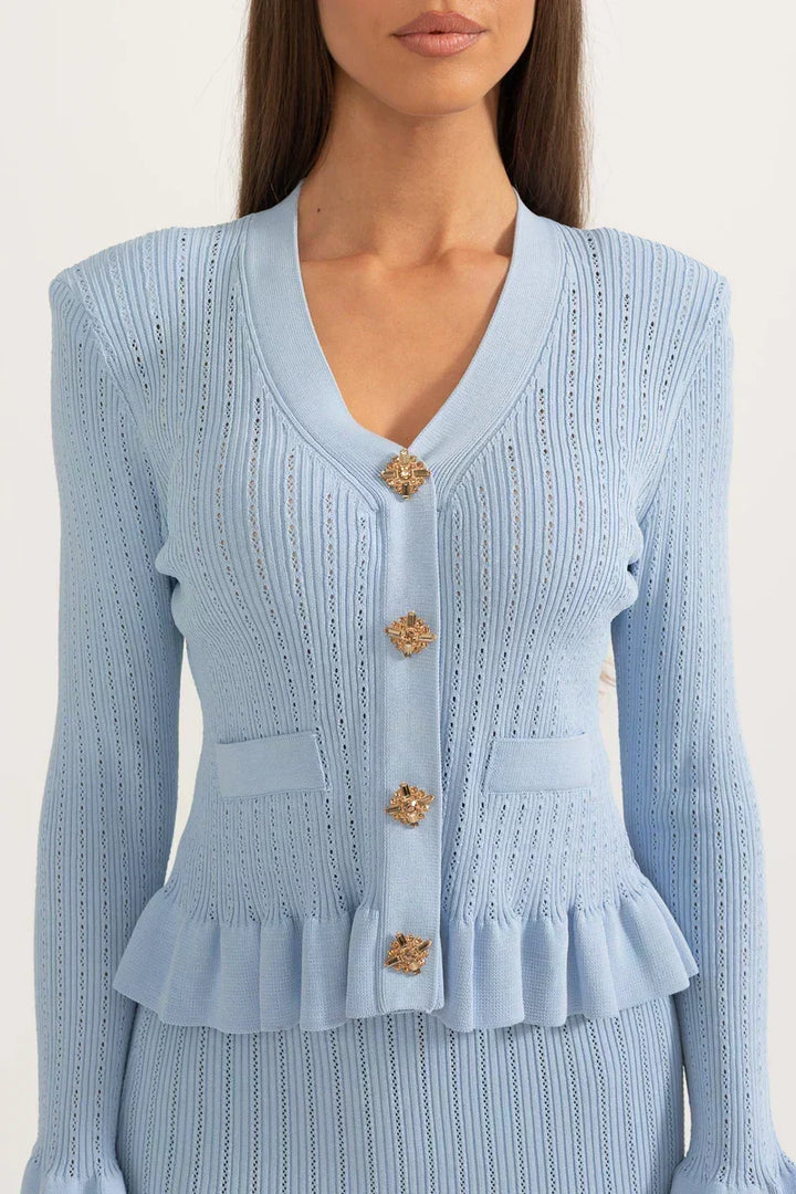 Sofia Knit Ensemble: Ruffled Cardigan and Flared Midi Skirt