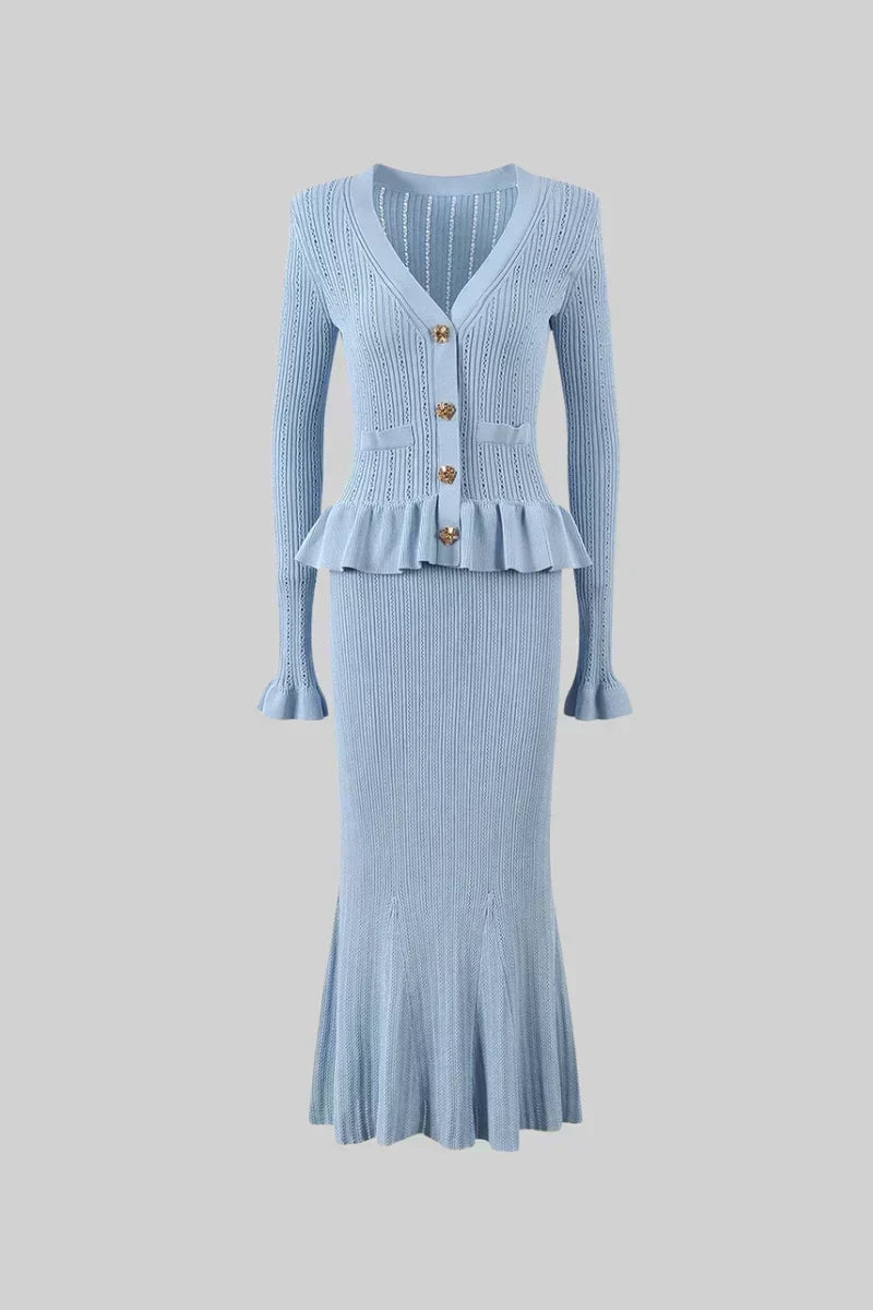 Sofia Knit Ensemble: Ruffled Cardigan and Flared Midi Skirt