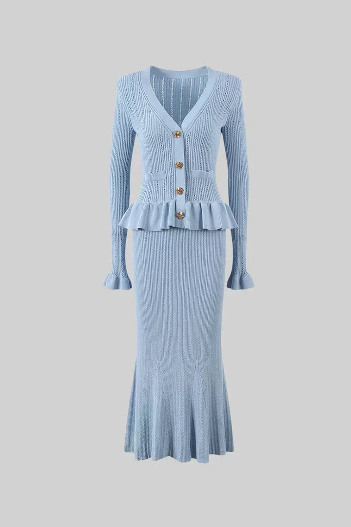 Sofia Knit Ensemble: Ruffled Cardigan and Flared Midi Skirt