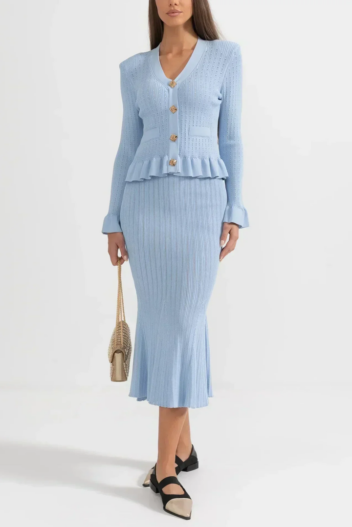 Sofia Knit Ensemble: Ruffled Cardigan and Flared Midi Skirt