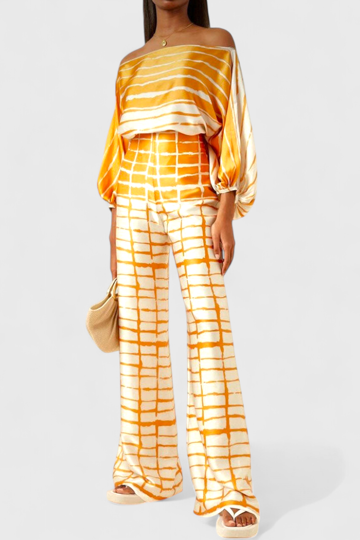 Artistic Print Off-the-Shoulder Top and Wide-Leg Pants Set by Giulia