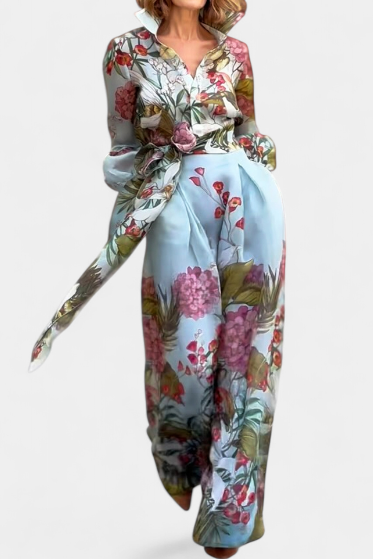 Gemma Botanical Print Ensemble: Belted Shirt and Palazzo Pants