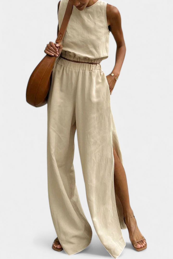 Nora Sleeveless Cotton-Linen Set with Wide-Leg Trousers