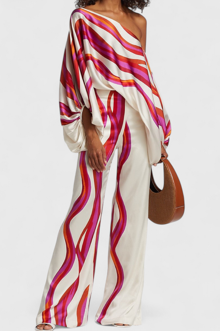 Artistic Print Off-the-Shoulder Top and Wide-Leg Pants Set by Giulia