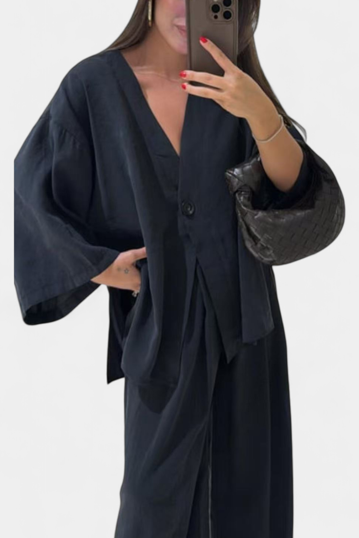 Linda V-Neck Top with Straight-Leg Pants Set