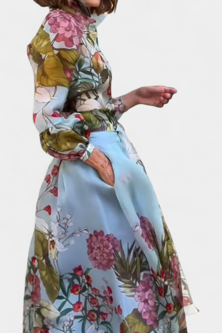 Gemma Botanical Print Ensemble: Belted Shirt and Palazzo Pants