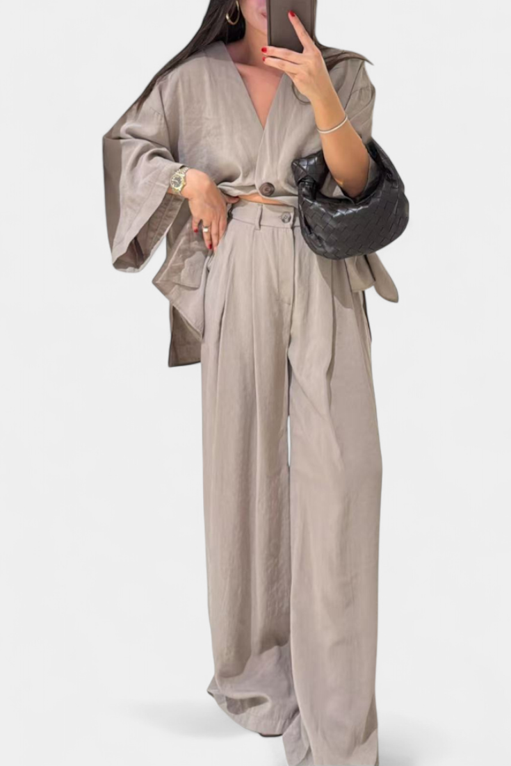 Linda V-Neck Top with Straight-Leg Pants Set